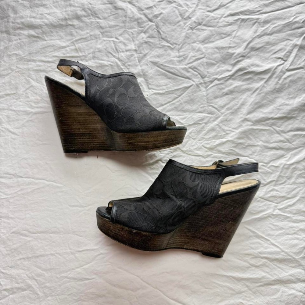 COACH Janet Black Signature Jacquard Hi Heel Wedge Sandal Shoes Sz 10